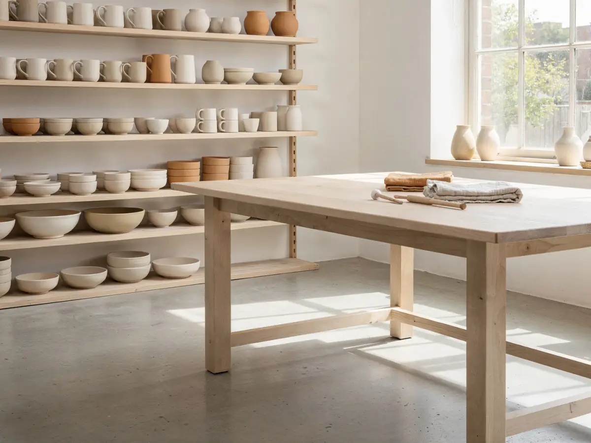Regale mit fertigem Steinzeug im Atelier